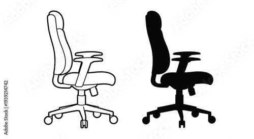 Two office chairs one outlined and one dark a contrasting silhouette