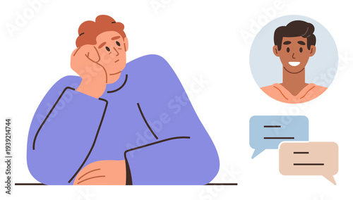 Social interaction, mental health, remote communication, online relationships, emotional expression, technology use. Thoughtful individual with chat bubbles and an avatar. Social interaction