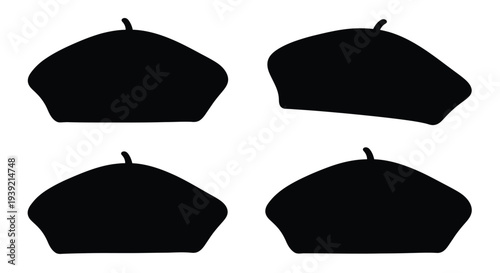 Four black berets displayed against a white background silhouette