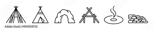 Set of black line icons representing primitive shelters and ancient survival elements like a tipi, cave, campfire frame, hot spring, and stone wall in a minimalist style