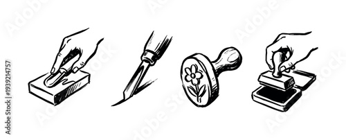 Set of four black ink illustrations showing the process of linocut printmaking, including a hand carving a block, a gouge tool, a finished flower stamp, and inking a stamp