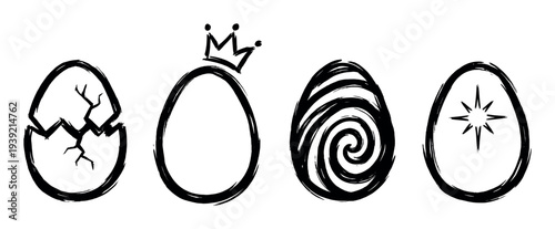 Four hand-drawn black ink sketch eggs with different symbolic designs including a cracked shell, a royal crown, a hypnotic spiral, and a shining star in a simple graphic style