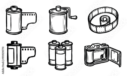 Set of hand-drawn analog photography equipment illustrations including a camera, film canisters, and a developing tank in a black and white doodle sketch style