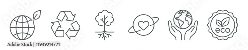 Set of six grey ecology icons representing sustainability, recycling, nature, and environmental care in a minimalist line art style for global conservation concepts
