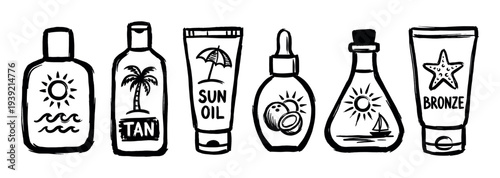 Hand-drawn black ink sun care product icons including sunscreen, tanning oil, and bronzer bottles in a rough brush stroke illustration style for summer vacation concepts