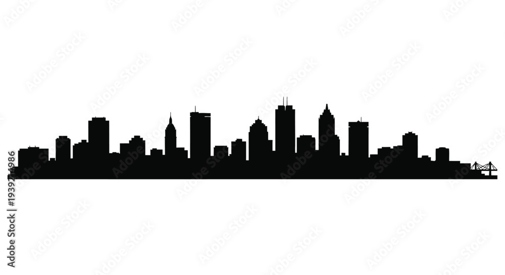 Obraz premium Dramatic cityscape outline featuring buildings and a bridge silhouette