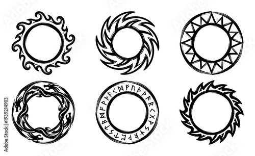 Set of six black circular fantasy symbols with a grunge brush stroke texture, including dragons, runes, suns, and abstract tribal patterns for emblems