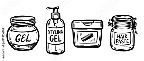 Hand-drawn hair styling products collection including gel, paste, and pomade in jars and a pump bottle, illustrated in a black and white sketch doodle style for grooming concepts