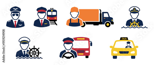 Colorful collection of flat vector icons representing transportation professions and public transit jobs like pilot, ship captain, train conductor, and drivers for trucks, buses, and taxis