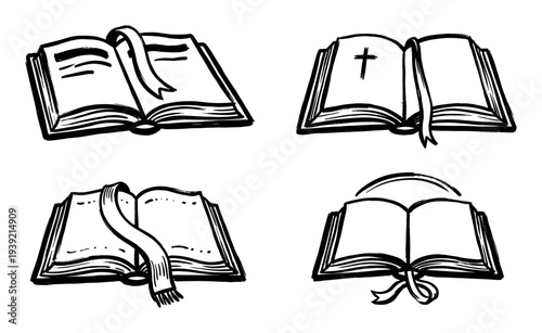 Set of four hand-drawn open books in a black ink sketch style, including a Bible with a cross symbol and various bookmarks for religious or educational concepts