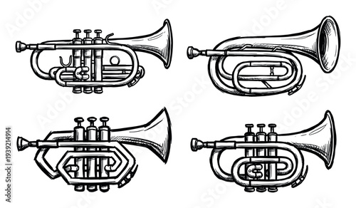 Four hand-drawn trumpet and cornet illustrations in a black and white sketch style, showcasing different designs of the classic brass wind musical instrument for an orchestra or jazz band