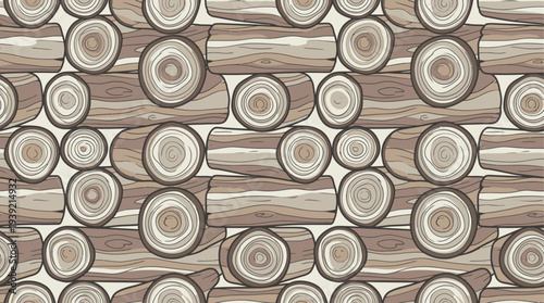 Illustration of stacked wooden logs with visible rings and textures in a seamless pattern
