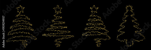 Four golden christmas trees formed from sparkling lights against a solid black background, festive holiday illustration