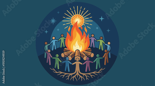 Diverse people gathering around a campfire under a starry night sky with a bright sun illustration