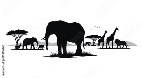 African wildlife scene with elephants giraffes and lions a silhouette