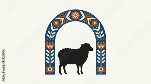 Silhouette of a sheep standing under an ornate archway with floral patterns viewed from the side