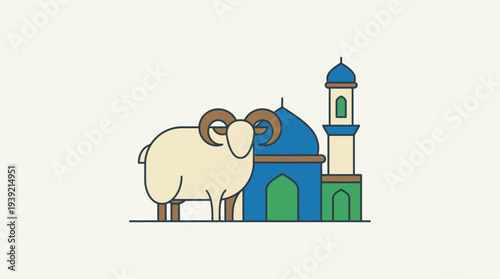 Eid al-Adha celebration illustration featuring a ram and mosque architecture in a serene setting