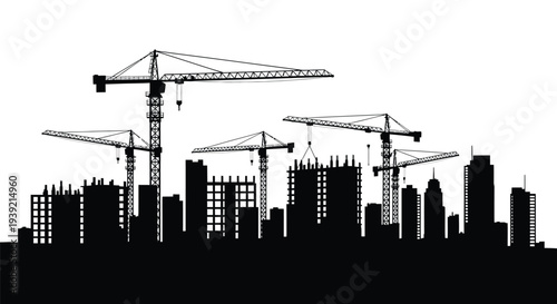 Cityscape with construction cranes and buildings in bold silhouette