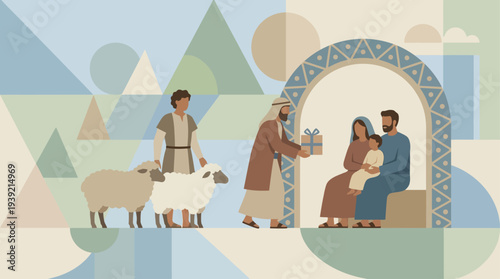 Shepherds visiting the holy family at the entrance of a sacred dwelling