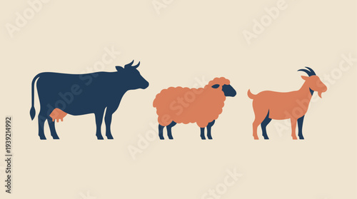 Farm animals including cow sheep and goat standing together in a simple illustration from a straightforward viewpoint