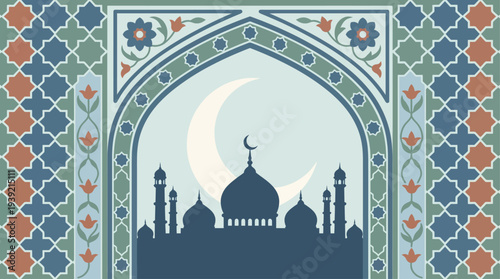 Mosque silhouette with crescent moon in ornate archway, illustration of cultural heritage at dusk from a frontal viewpoint