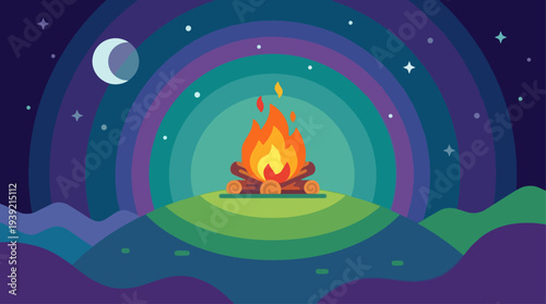 A serene nighttime campfire on a tranquil lake shore under starry skies and a crescent moon