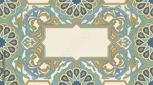Ornate pattern with floral motifs and geometric shapes in blue and gold tones surrounding a central blank space