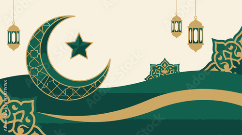 Celebrating Eid with crescent moon and stars under lanterns in a serene night sky scene