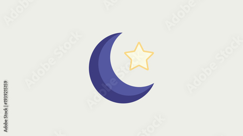A dark blue crescent moon with a yellow star beside it in the night sky