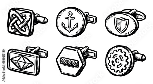 Set of six hand-drawn cufflinks with various symbolic designs including a Celtic knot, anchor, shield, and gear, rendered in a bold black and white ink sketch illustration style