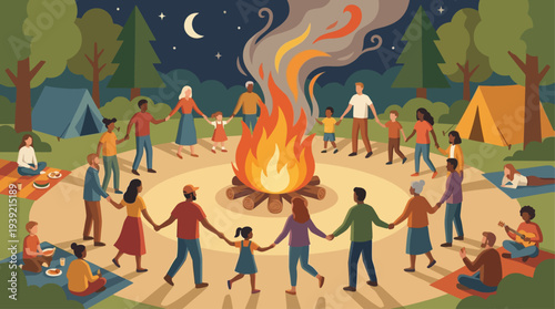 People gathered around a campfire at night in a forest clearing under a starry sky