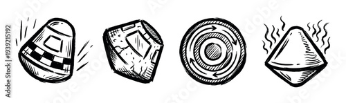 Set of four hand-drawn space icons showing a re-entry capsule, meteorite, a vortex symbol, and a heat shield in a rough, sketchy black and white ink illustration style