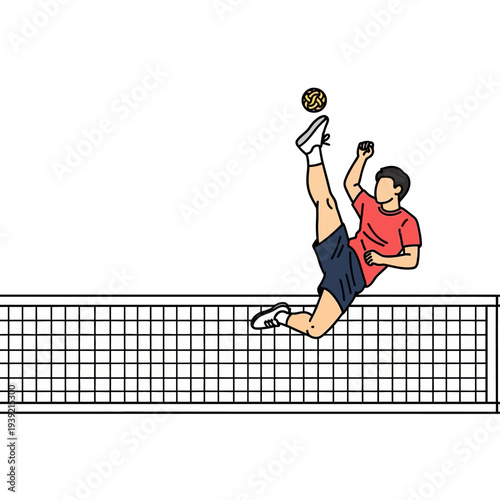 Man playing Sepak Takraw, performing a bicycle kick over the net
