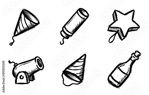 Six black and white celebration doodle icons featuring a party popper, star, cannon, party hat, and a bottle of champagne drawn in a grunge ink sketch style