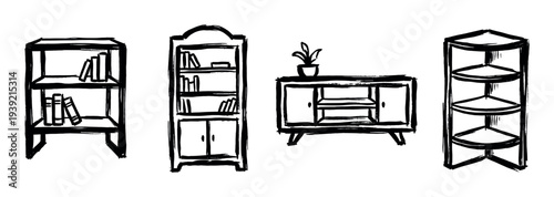 Set of four hand-drawn furniture illustrations in a black ink brushstroke style, featuring a bookshelf, bookcase with cabinets, a sideboard, and a corner shelving unit