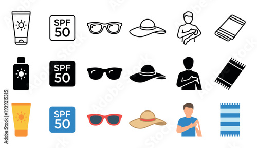 Set of sun protection icons for summer vacation showing sunscreen, SPF 50, sunglasses, a hat, and a towel in line, glyph, and flat color design styles