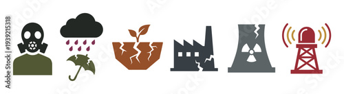 Set of six environmental disaster icons representing pollution, climate change, and industrial hazards including a gas mask, acid rain, drought, and a damaged nuclear plant