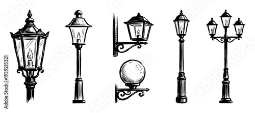 Collection of vintage street lamps and lanterns hand-drawn in a black ink sketch style, featuring various classic lampposts and ornate wall-mounted sconce designs
