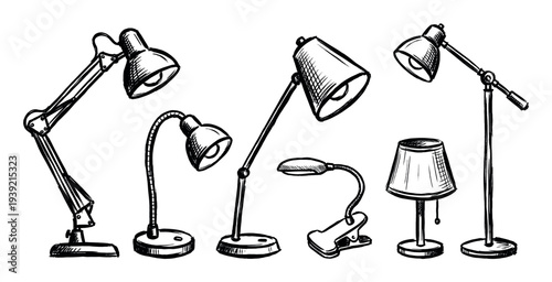 Collection of various hand-drawn desk lamps in a sketchy ink style, showing different designs from articulated architect lights to flexible gooseneck and classic table models