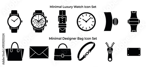 Minimalist black glyph icons of fashion accessories, including various wristwatches, handbags, a clutch, a bracelet, and other detailed elements like a clasp and zipper