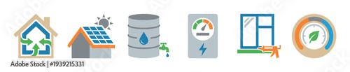Set of colorful flat icons representing home energy efficiency, sustainability, and green living concepts like solar power, water conservation, and window insulation