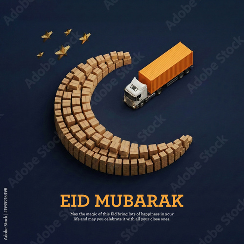 Eid Mubarak celebration with cargo truck and crescent moon made of boxes