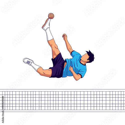 Sepak Takraw Athlete Performing Aerial Kick Over Net
