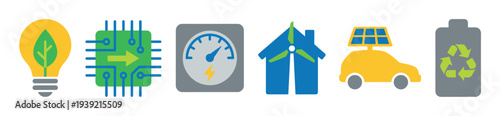 Set of six colorful flat icons representing green energy, sustainability, and renewable technology concepts like solar panels, wind turbines, and electric vehicles