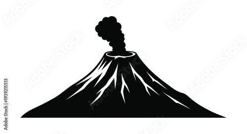 Simple black and white illustration of an erupting volcano