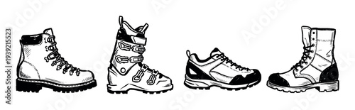 Collection of hand-drawn black and white boots and shoes for outdoor activities, including hiking, skiing, and trekking, in a graphic ink sketch illustration style