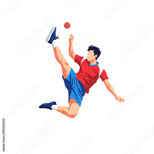 Sepak Takraw Athlete Performing Bicycle Kick with Ball, Dynamic Action Illustration