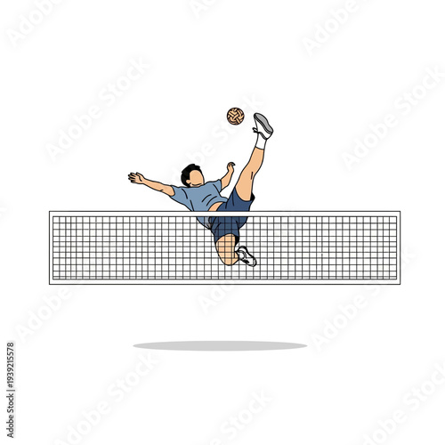 Sepak Takraw Athlete Performing Bicycle Kick Over Net - Illustration