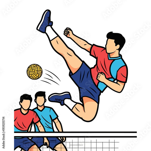 Sepak Takraw Player Acrobatics: Athletic Man Kicking Ball in Mid-Air