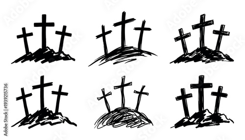 Three black crosses on a hill, a hand-drawn set of six Christian symbols representing the crucifixion and resurrection, rendered in a minimalist ink brush stroke style